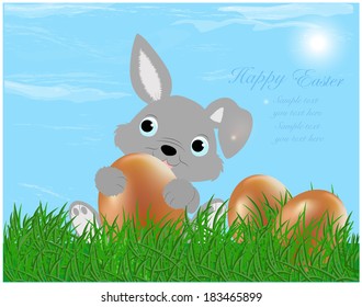 The Easter bunny with Easter eggs with more Easter eggs around him