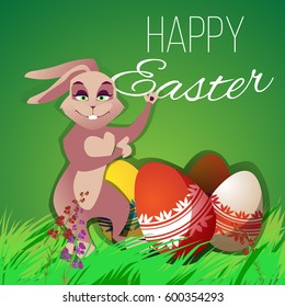 Easter bunny with eggs on a festive background with an inscription. Beautiful vector cartoon illustration.
