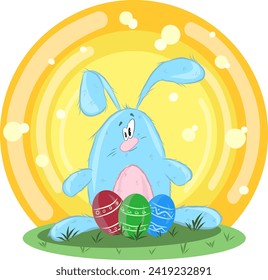 Osterhase mit Eiern auf dem Gras. Der Hintergrund ist gefärbt, mit Highlights. Vektorgrafik