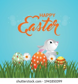 Easter bunny with easter eggs on green