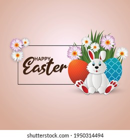 Easter bunny with easter eggs on green 