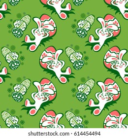 Easter bunny and eggs on green background. Seamless pattern for wrapping paper or textile print.