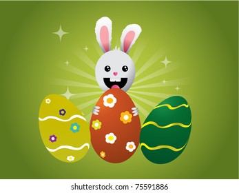 Easter bunny with eggs on green background
