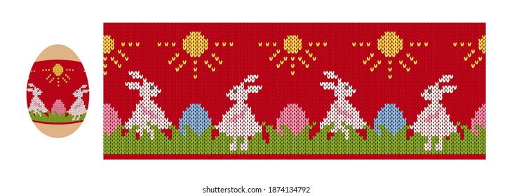 Easter bunny and eggs on knit red seamles pattern. Happy Easter texture with rabbits. Vector illustration. Sweater knitted print.