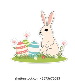 Easter bunny with eggs on the lawn sticker isolate