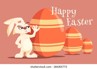Easter Bunny with easter eggs on pink background. Illustration.