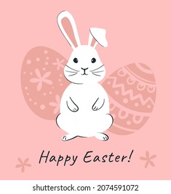 Easter bunny and Easter eggs on pink background. Happin Easter banner vector illustration