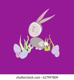 A Easter Bunny and Easter Eggs on the purple background