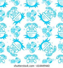 Easter bunny and eggs on white background. Seamless pattern for wrapping paper or textile print.