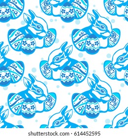 Easter bunny and eggs on white background. Seamless pattern for wrapping paper or textile print.