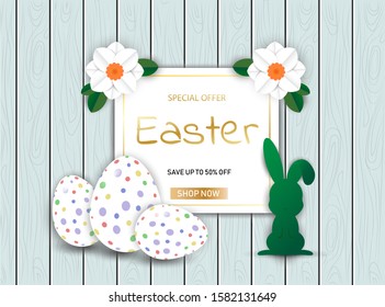 Easter Bunny with eggs on wooden sale background vector illustration EPS 10