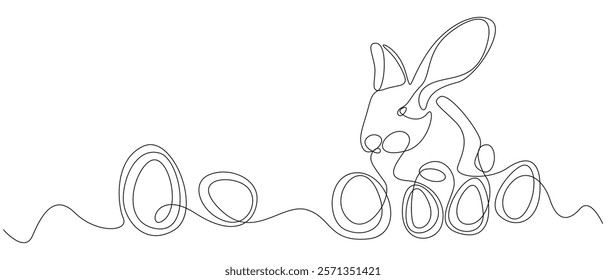 Easter bunny and eggs, one continuous line drawing. Easter illustration with rabbit. Vector illustration of rabbit in black line on white background. Hare and egg vector design