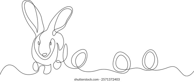 Easter bunny and eggs, one continuous line drawing. Easter illustration with a bunny. Vector illustration of a rabbit in black line isolated from the background. Hare and egg vector design