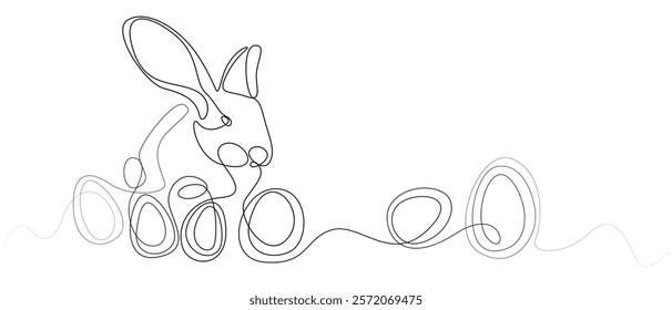 Easter bunny and eggs, one continuous line drawing. Easter illustration with rabbit. Vector illustration of rabbit in black line on white background. Hare and egg vector design