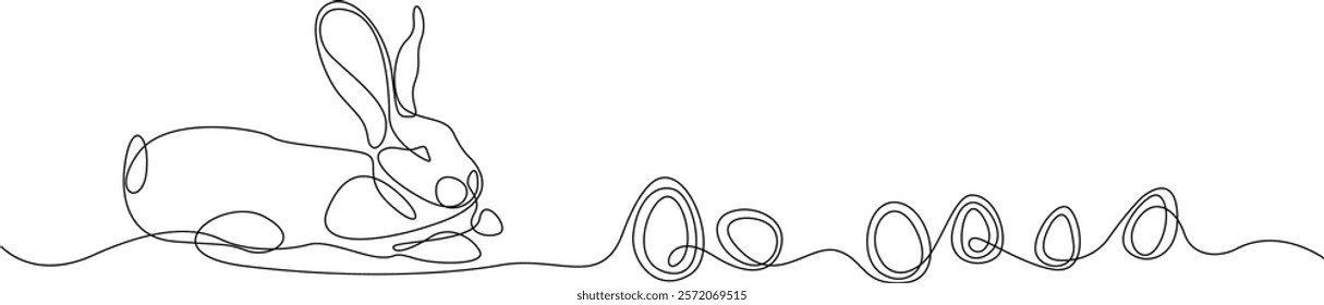 Easter bunny and eggs, one continuous line drawing. Easter illustration with a bunny. Vector illustration of a rabbit in black line isolated from the background. Hare and egg vector design