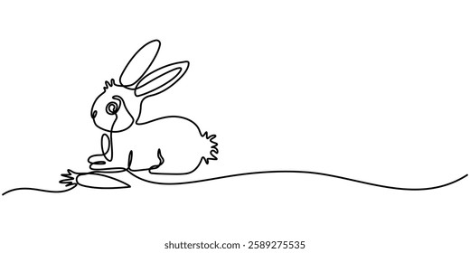 Easter bunny and eggs, one continuous line drawing. Easter illustration with a bunny. Vector illustration of a rabbit in black line isolated from the background. Hare and egg vector design.