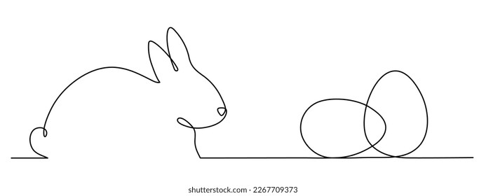 Easter bunny and eggs one line art, hand drawn paschal rabbit continuous contour.Christian holiday design, festive decoration. Editable stroke. Isolated. Vector illustration