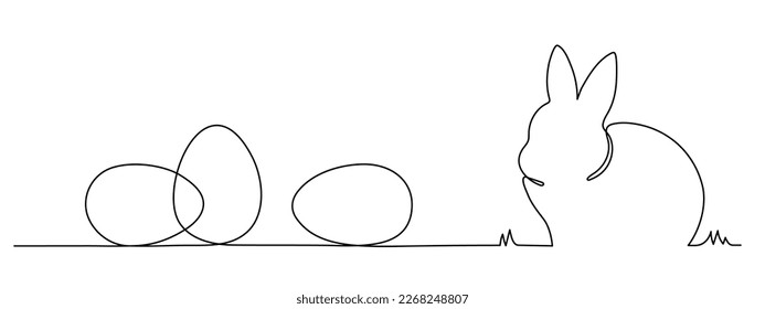 Easter bunny and eggs one line art, hand drawn paschal rabbit continuous contour.Christian holiday design, festive decoration. Editable stroke. Isolated. Vector illustration