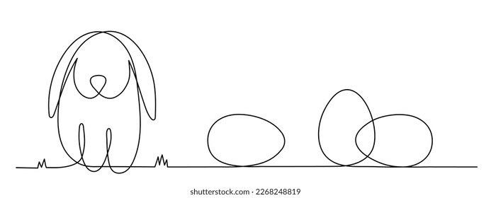 Easter bunny and eggs one line art, hand drawn paschal rabbit continuous contour.Christian holiday design, festive decoration. Editable stroke. Isolated. Vector illustration