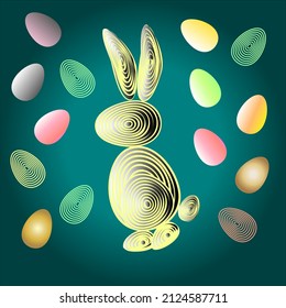 easter bunny and eggs in pastel colors on a turquoise background. good as a poster, booklet, greeting card