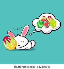 Easter bunny with eggs and pattern on them. Vector cartoon illustration isolated on background. Cute rabbit character for the holiday.