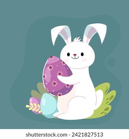 Easter bunny with eggs in paws and on the background, vector postcard, sticker, holy Easter holiday