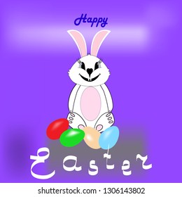Easter bunny and eggs with quote Happy easter. Holyday background design. Abstract card for greeting. Symbol love, life, spring. Colorful template for prints, banner, card, label. Vector illustration