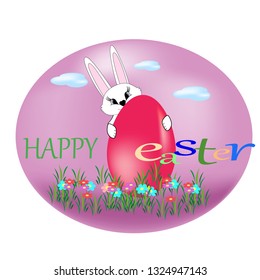 Easter bunny and eggs with quote Happy easter. Holyday background design. Abstract card for greeting. Symbol love, life, spring. Colorful template for prints, banner, card, label. Vector illustration