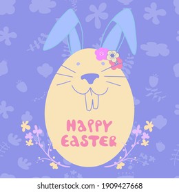 Easter bunny and eggs. Rabbit face with ears, nose and mustache.. Lettering. Festive card.