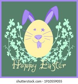 Easter bunny and eggs. Rabbit face with ears, nose and mustache.. Lettering. Festive card.