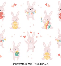 Easter bunny with Easter eggs seamless pattern. White rabbit. Happy Easter. Vector illustration