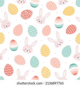 Easter bunny with Easter eggs seamless pattern. White rabbit, painted eggs. Happy Easter. Vector illustration