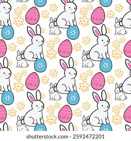 Easter Bunny and Eggs seamless pattern. Classic Illustration with white rabbits and blue pink eggs in vector. Great for wrap, wallpaper, backdrop or any printing needs to celebrate Easter