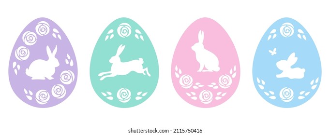 Easter bunny eggs set decorated with flowers and rabbits silhouettes. Easter eggs ornament in pastel colors. Vector illustration. 