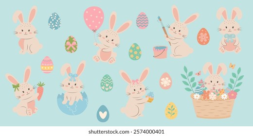 Easter bunny and eggs set on blue background. Cute pastel rabbits in different poses and colorful painted eggs.