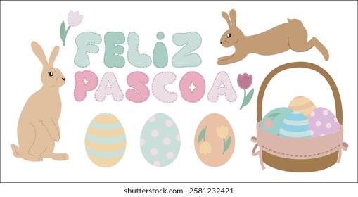 Easter bunny and eggs set with portuguese text "feliz pascoa" vector. Happy easter flat style illustration.