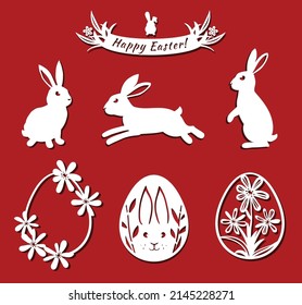 Easter bunny, eggs set. White fkirak eggs for laser cutting on red background. Icons for greeting card