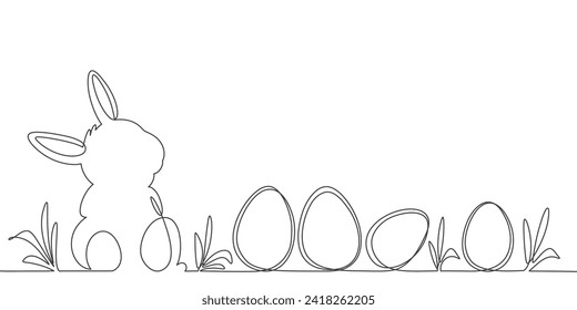 Easter bunny with eggs in simple one line style.