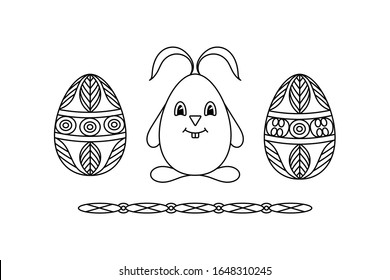 
Conejo de Pascua y huevos de Pascua. Fiesta religiosa de primavera. Dibujo de esquema. Elemento decorativo. Ilustración vectorial.