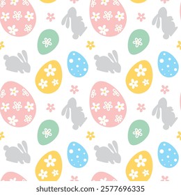 Easter bunny and eggs, spring.  Seamless pattern on white background. Vector.