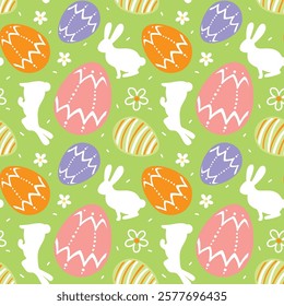 Easter bunny and eggs, spring.  Seamless pattern on green background. Vector.