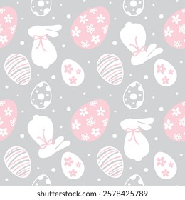 Easter bunny and eggs, spring.  Seamless pattern on grey background. Vector.
