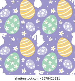 Easter bunny and eggs, spring.  Seamless pattern on purple background. Vector.
