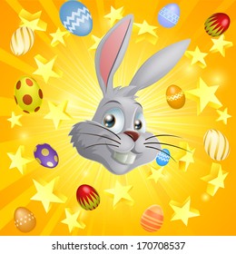 Easter bunny and Easter eggs and stars background