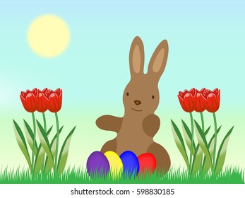 Easter Bunny with Eggs and tulip on grassland