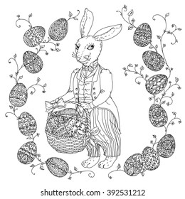 Easter Bunny with Easter eggs to the upcoming holiday, black and white outline illustration. Zentangle interpretation. The best for your design, textiles, posters,  coloring book