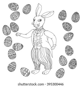 Easter Bunny with Easter eggs to the upcoming holiday, black and white outline illustration. The best for your design, textiles, posters,  coloring book