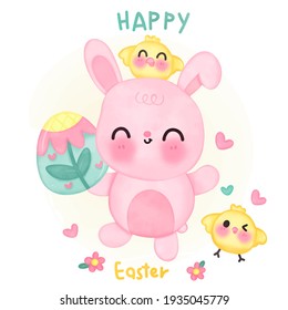 Easter bunny eggs vector with chick cartoon for easter day holiday and spring season kawaii character: Series fairy tale character (flat Girly doodles). Perfect Nursery children, kids, greeting card.