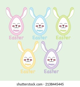Huevos vectoriales de pascua con letras, 5 colores conejillos sonrientes, conejito multicolor para pascua católica