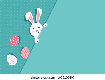 Carte de voeux lapin de Pâques et oeufs. Lapin en papier sur fond polka point turquoise. Illustration vectorielle